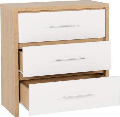 Seville 3 Drawer Chest - White Gloss/Light Oak Effect Veneer