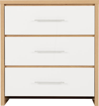Seville 3 Drawer Chest - White Gloss/Light Oak Effect Veneer