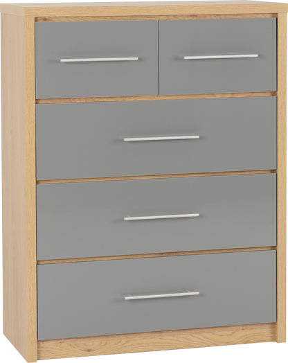 Seville 3+2 Drawer Chest - Grey Gloss/Light Oak Effect Veneer