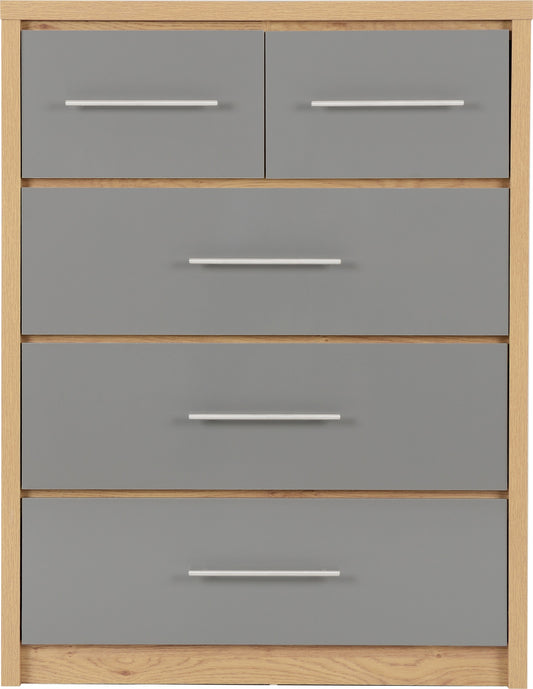 Seville 3+2 Drawer Chest - Grey Gloss/Light Oak Effect Veneer