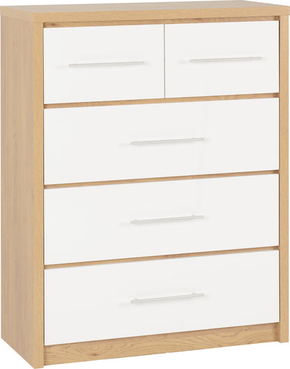 Seville 3+2 Drawer Chest - White Gloss/Light Oak Effect Veneer