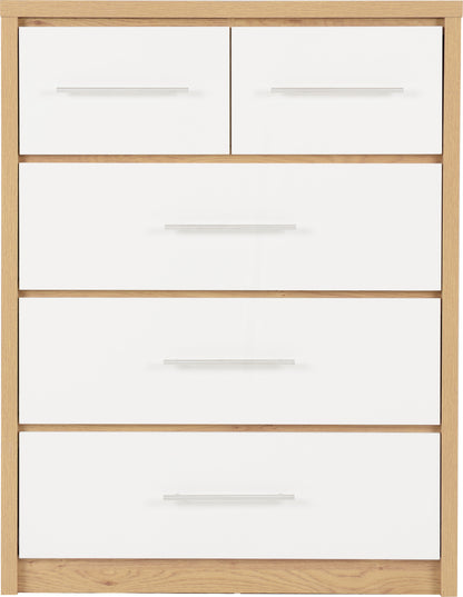 Seville 3+2 Drawer Chest - White Gloss/Light Oak Effect Veneer
