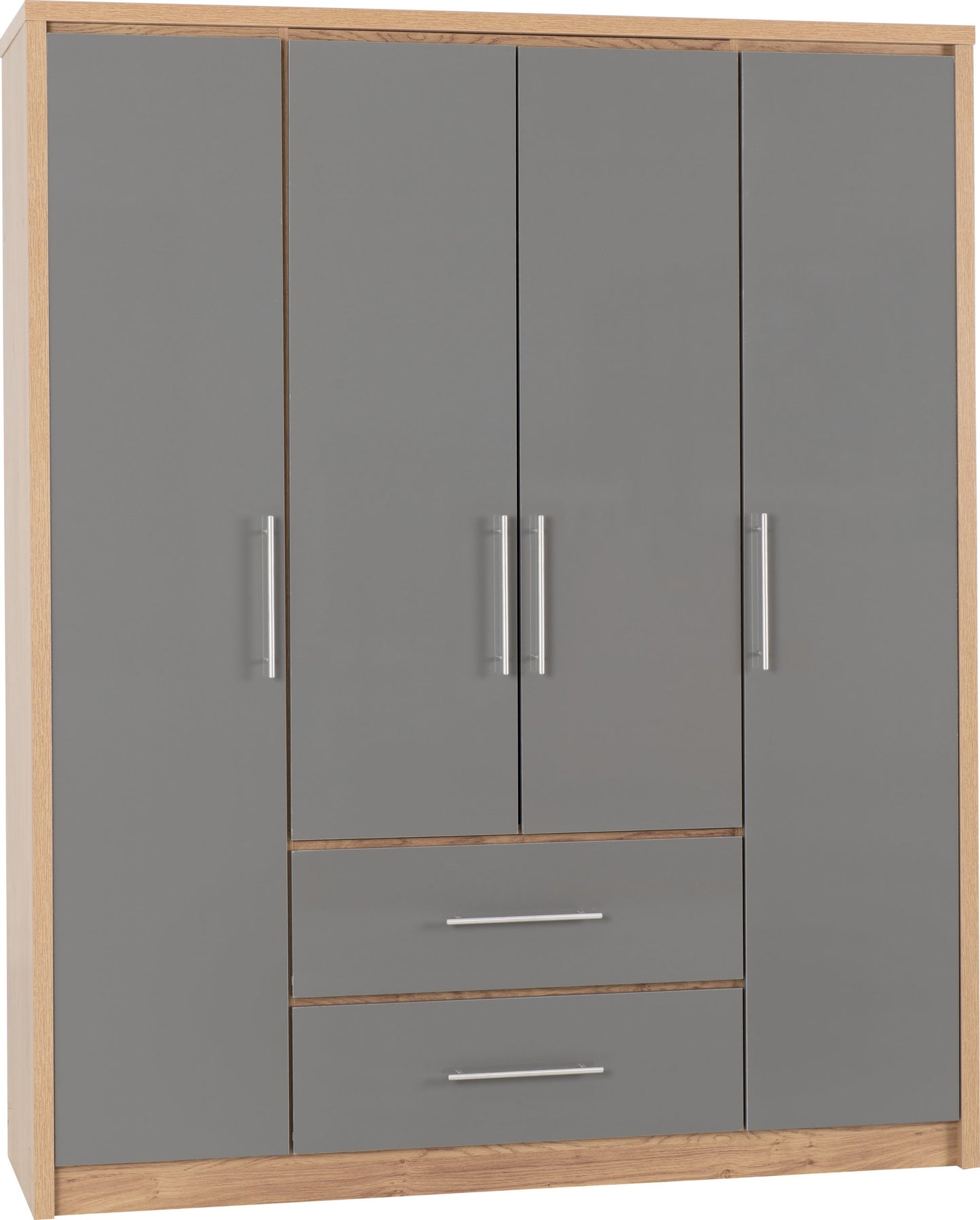 Seville 4 Door 2 Drawer Wardrobe - Grey Gloss/Light Oak Effect Veneer