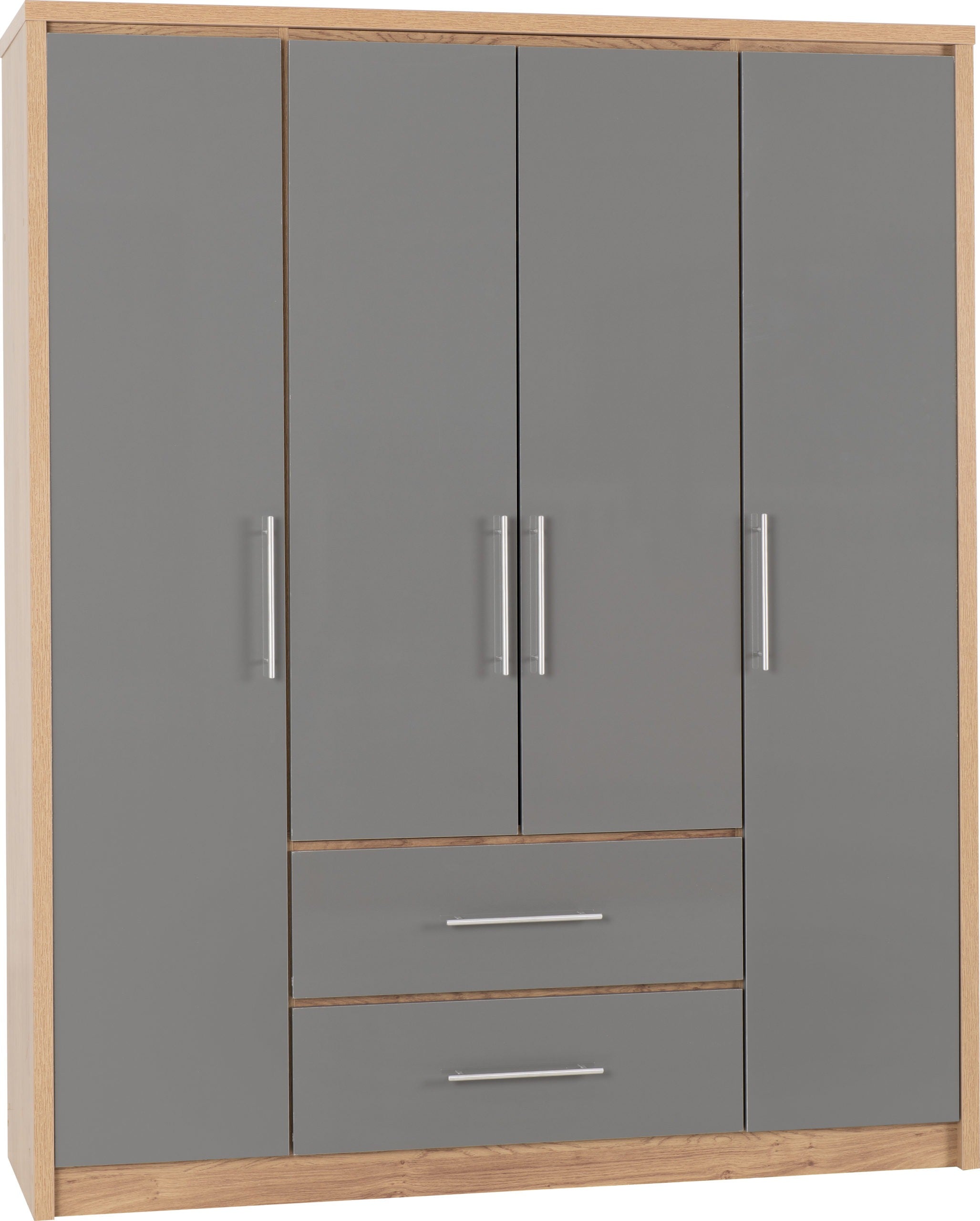 Seville 4 Door 2 Drawer Wardrobe - Grey Gloss/Light Oak Effect Veneer