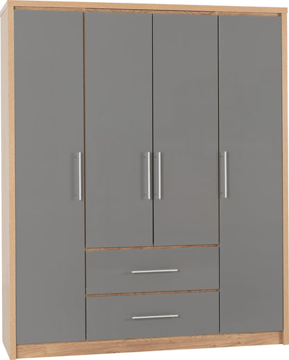 Seville 4 Door 2 Drawer Wardrobe - Grey Gloss/Light Oak Effect Veneer