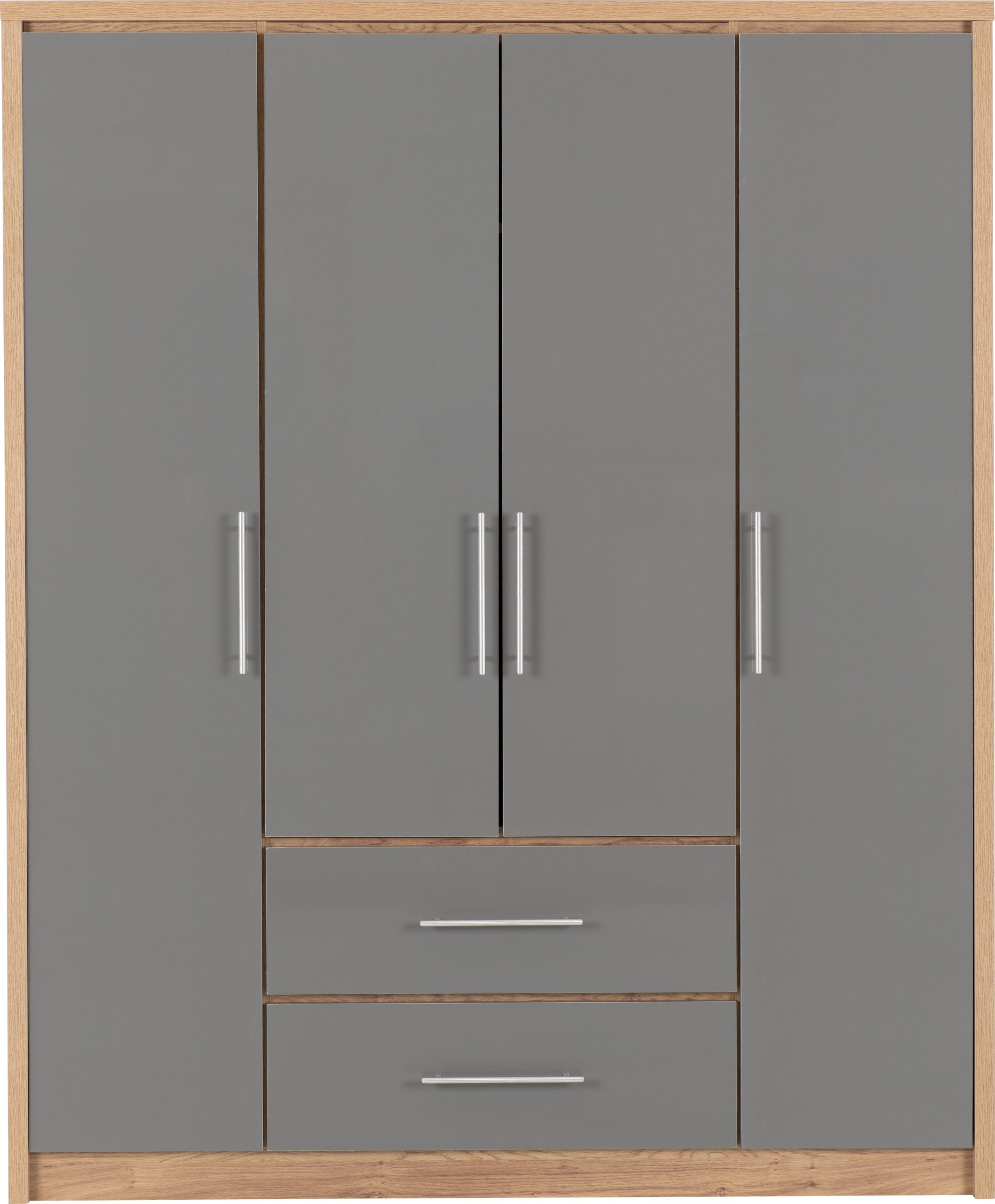 Seville 4 Door 2 Drawer Wardrobe - Grey Gloss/Light Oak Effect Veneer