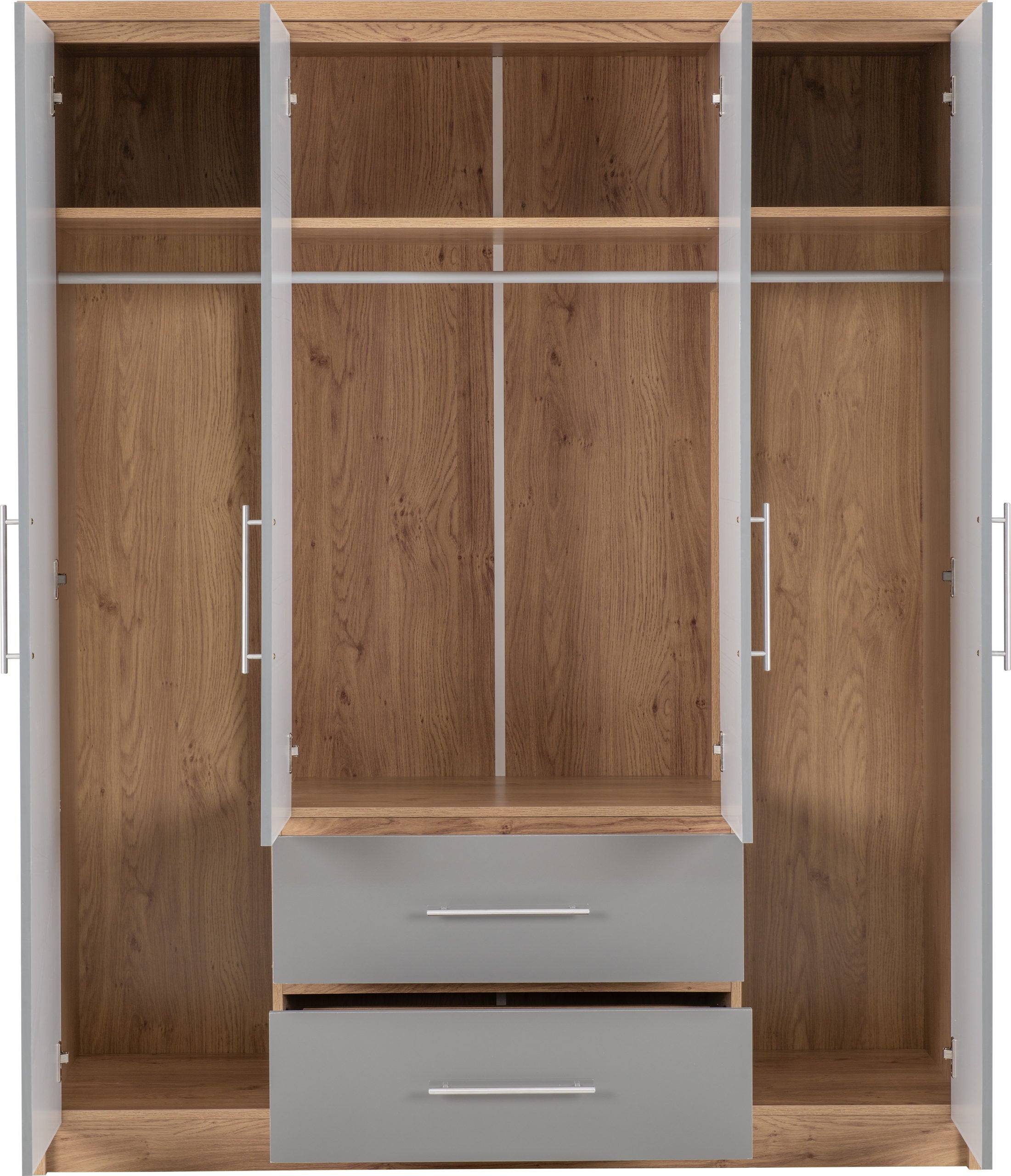 Seville 4 Door 2 Drawer Wardrobe - Grey Gloss/Light Oak Effect Veneer