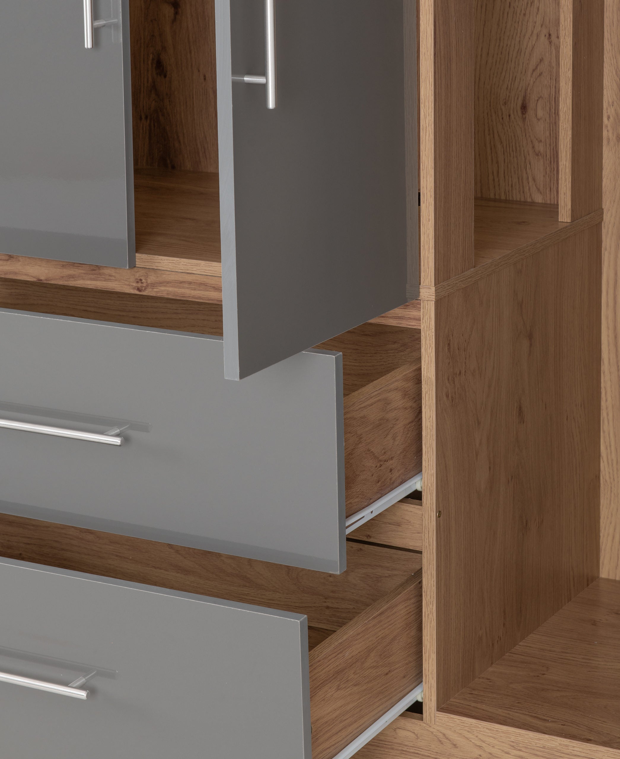Seville 4 Door 2 Drawer Wardrobe - Grey Gloss/Light Oak Effect Veneer