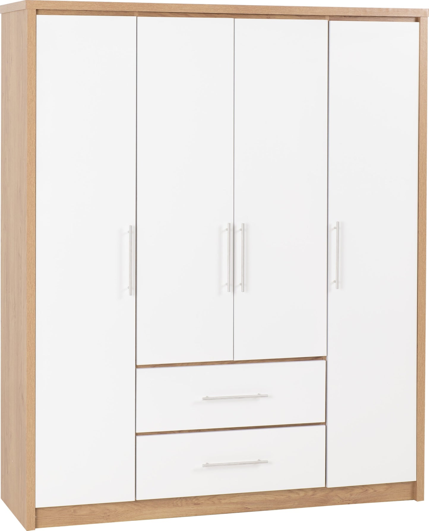 Seville 4 Door 2 Drawer Wardrobe - White Gloss/Light Oak Effect Veneer