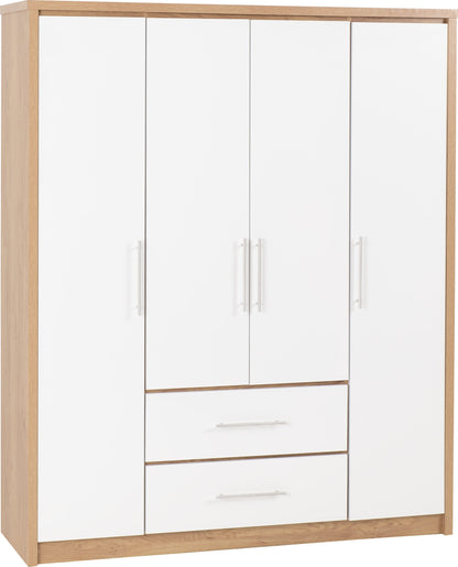 Seville 4 Door 2 Drawer Wardrobe - White Gloss/Light Oak Effect Veneer
