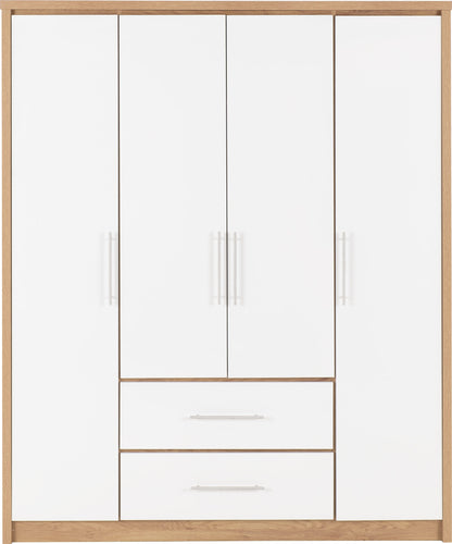 Seville 4 Door 2 Drawer Wardrobe - White Gloss/Light Oak Effect Veneer