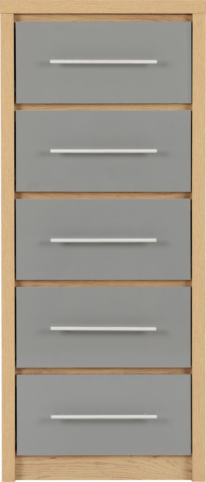 Seville 5 Drawer Narrow Chest - Grey Gloss/Light Oak Effect Veneer