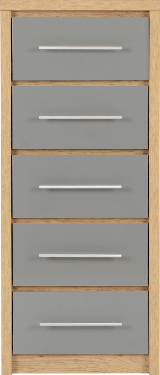 Seville 5 Drawer Narrow Chest - Grey Gloss/Light Oak Effect Veneer
