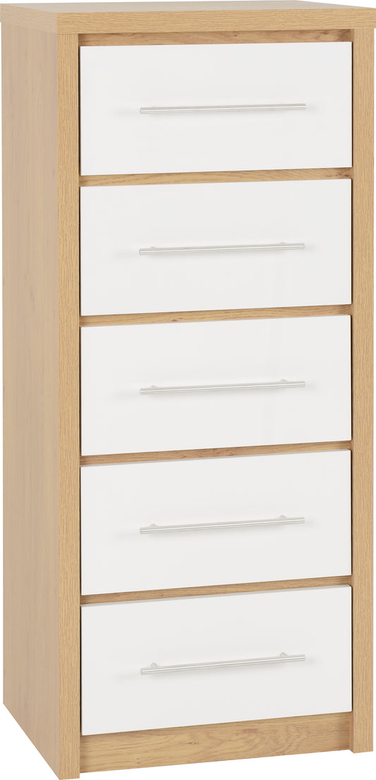 Seville 5 Drawer Narrow Chest - White Gloss/Light Oak Effect Veneer