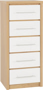 Seville 5 Drawer Narrow Chest - White Gloss/Light Oak Effect Veneer