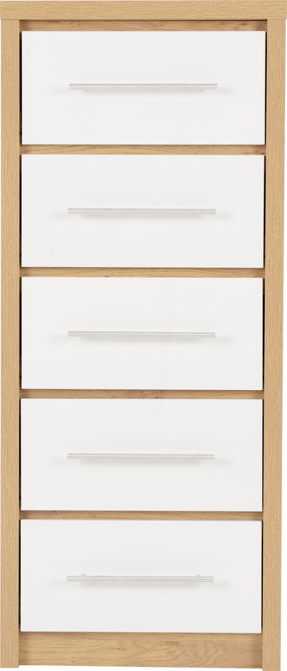 Seville 5 Drawer Narrow Chest - White Gloss/Light Oak Effect Veneer