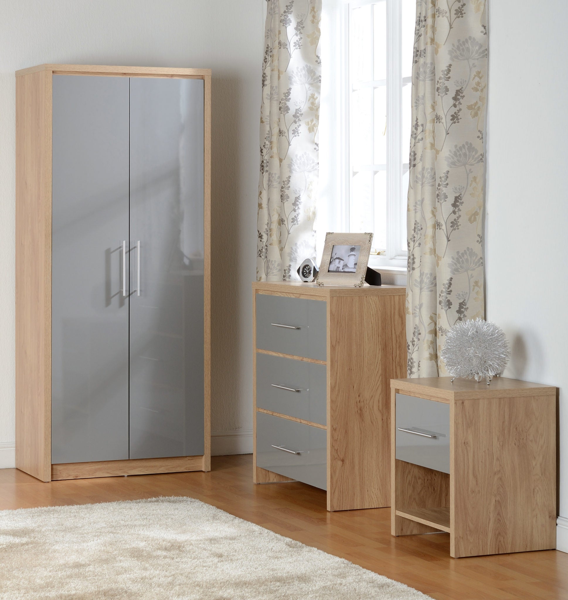 Seville Bedroom Trio Set - Grey Gloss/Light Oak Effect Veneer