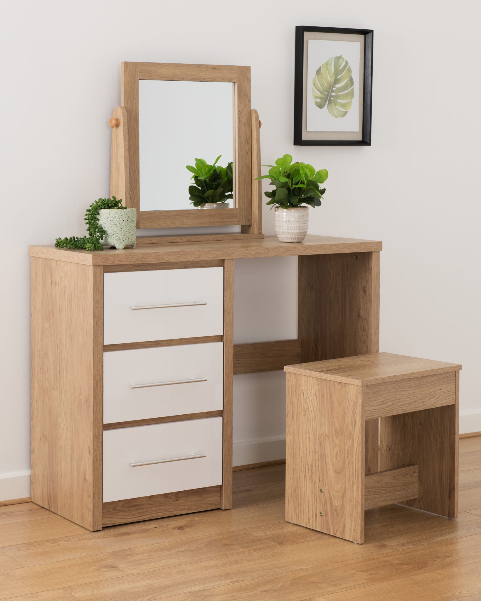 Seville Dressing Table Set - White Gloss/Light Oak Effect Veneer
