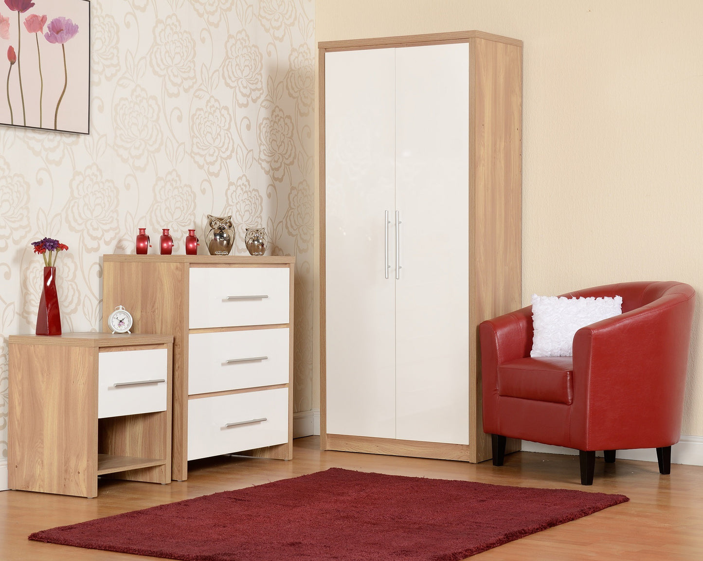 Seville Bedroom Trio Set - White Gloss/Light Oak Effect Veneer