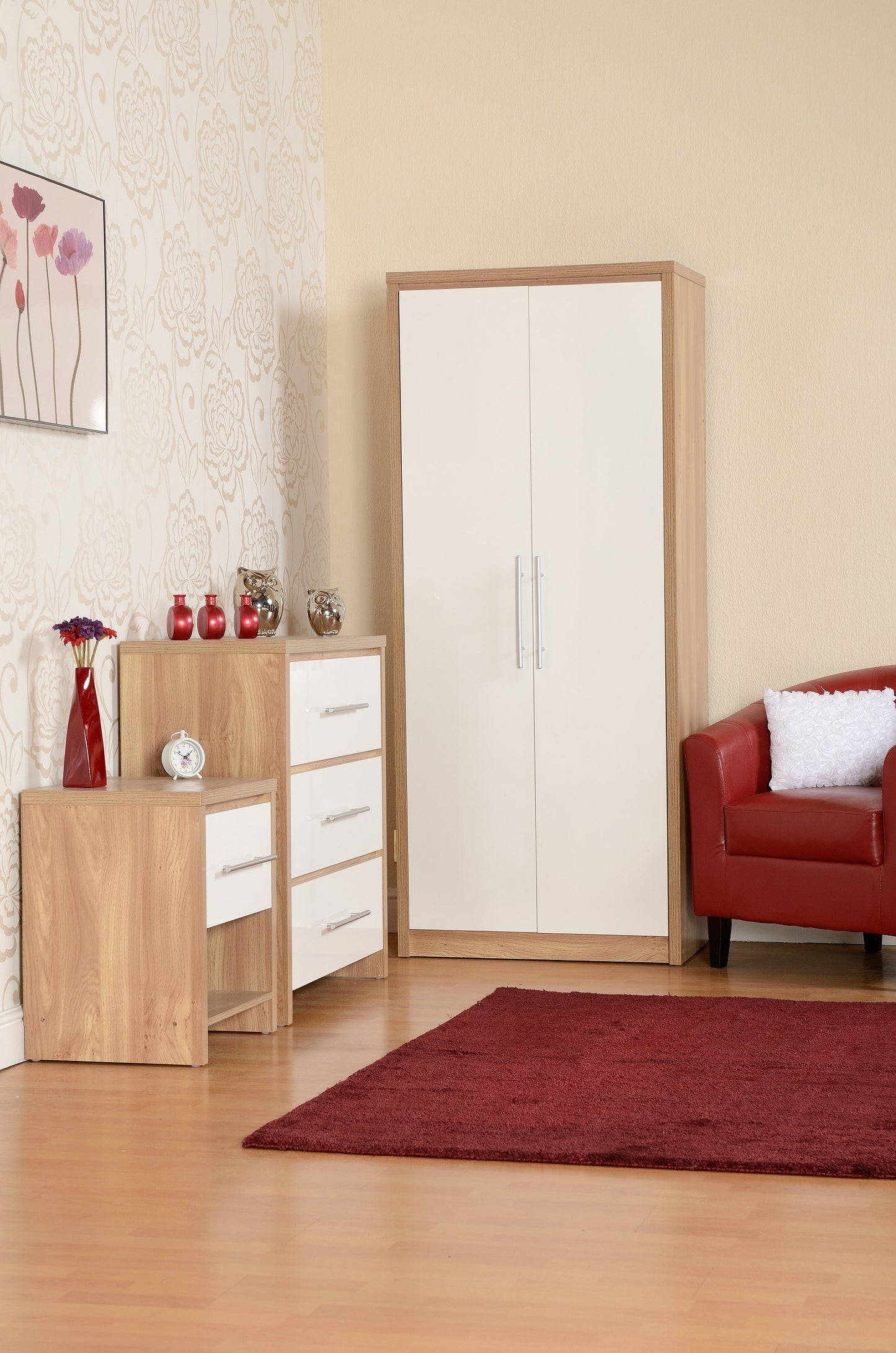 Seville 3 Drawer Chest - White Gloss/Light Oak Effect Veneer