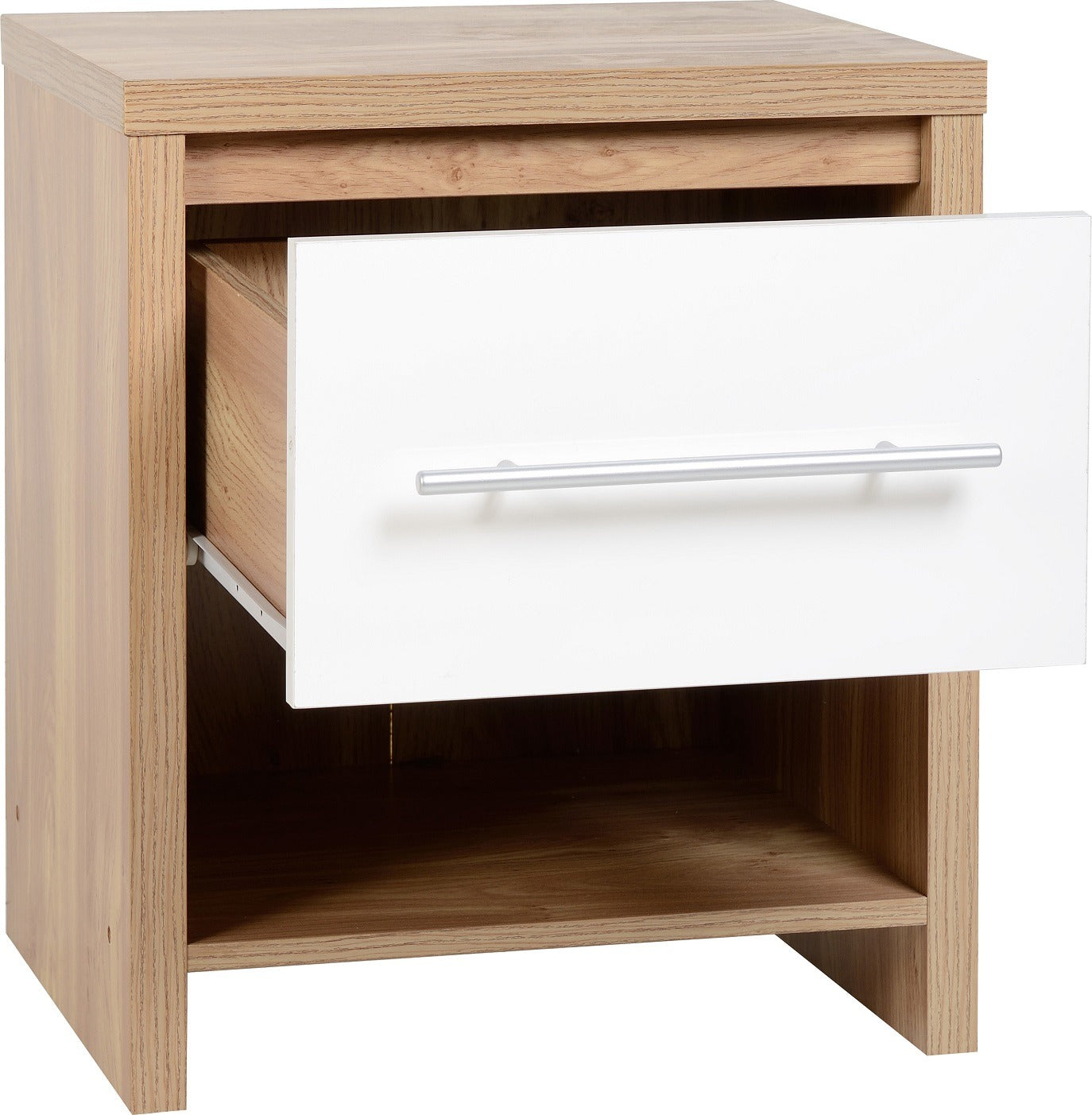 Seville 1 Drawer Bedside - White Gloss/Light Oak Effect Veneer
