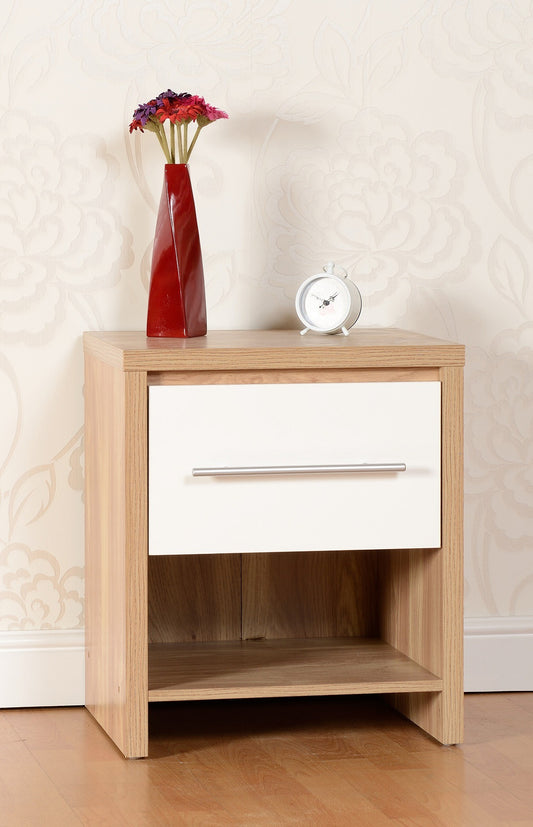 Seville 1 Drawer Bedside - White Gloss/Light Oak Effect Veneer