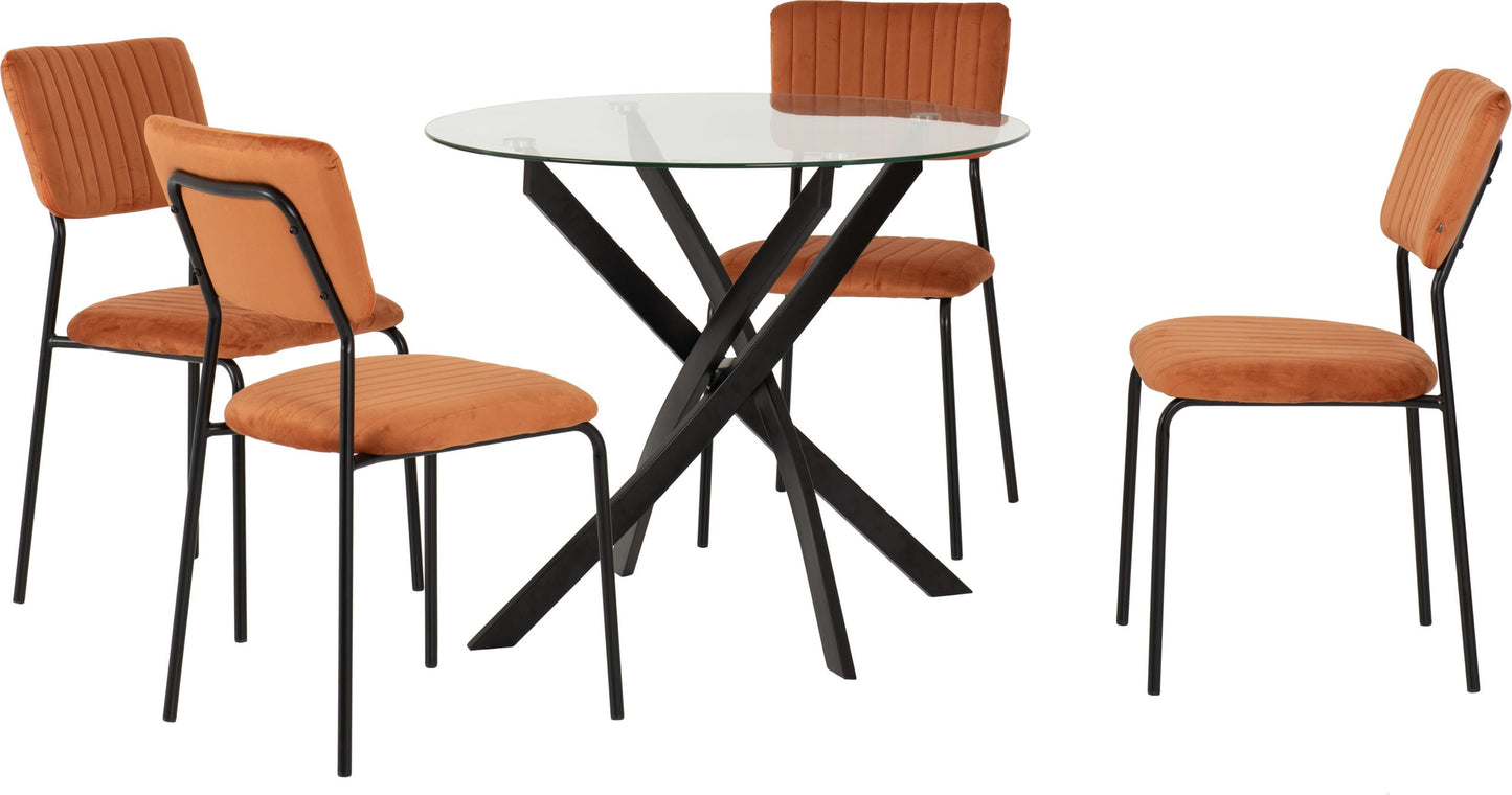 Sheldon Round Glass Top Dining Set (X4 Chairs) - Clear Glass/Burnt Orange Velvet Fabric