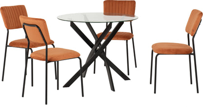 Sheldon Round Glass Top Dining Set (X4 Chairs) - Clear Glass/Burnt Orange Velvet Fabric