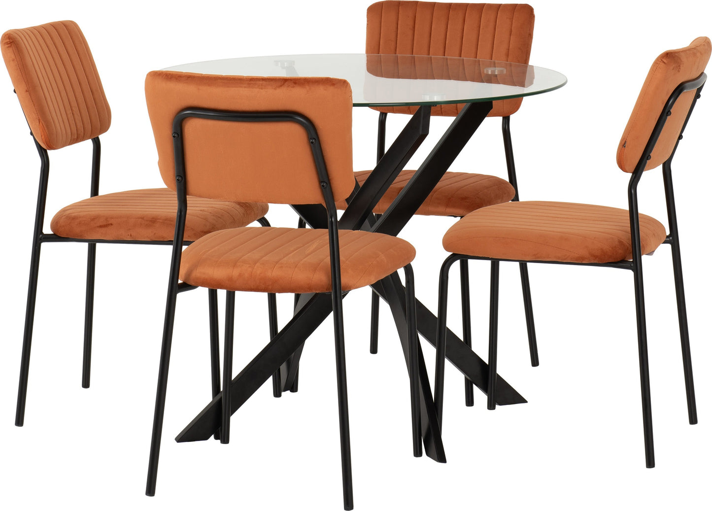 Sheldon Round Glass Top Dining Set (X4 Chairs) - Clear Glass/Burnt Orange Velvet Fabric