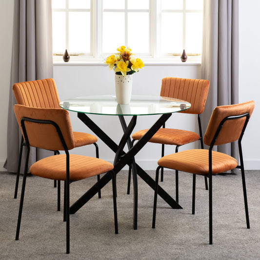 Sheldon Round Glass Top Dining Set (X4 Chairs) - Clear Glass/Burnt Orange Velvet Fabric