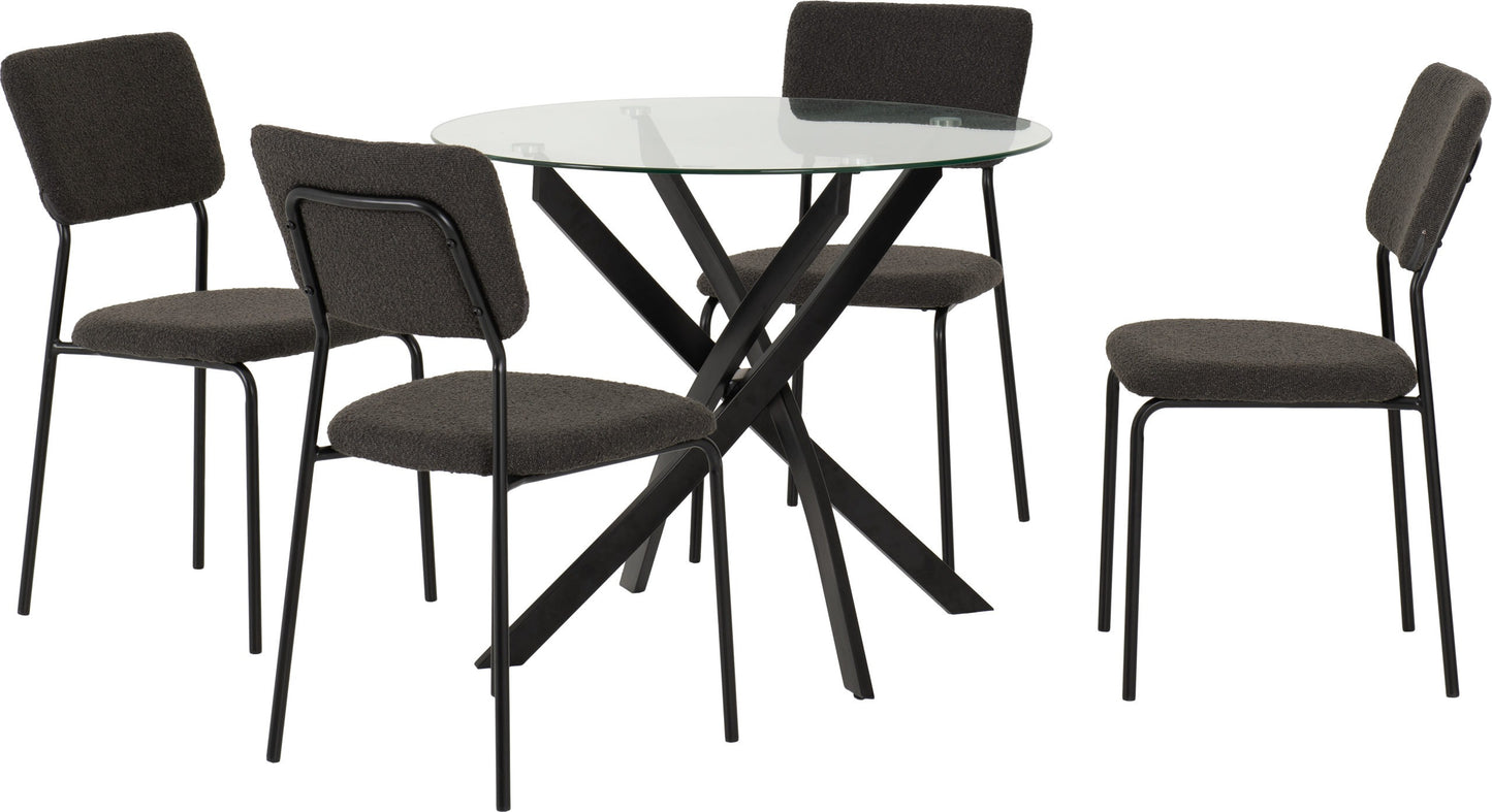 Sheldon Round Glass Top Dining Set (X4 Chairs) - Clear Glass/Grey Boucle Fabric