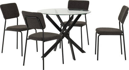 Sheldon Round Glass Top Dining Set (X4 Chairs) - Clear Glass/Grey Boucle Fabric