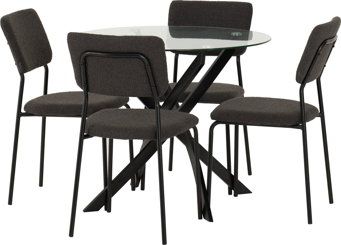 Sheldon Round Glass Top Dining Set (X4 Chairs) - Clear Glass/Grey Boucle Fabric