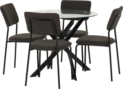 Sheldon Round Glass Top Dining Set (X4 Chairs) - Clear Glass/Grey Boucle Fabric