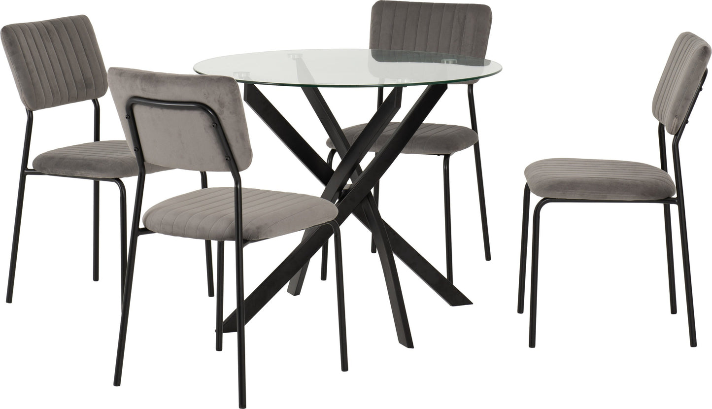 Sheldon Round Glass Top Dining Set (X4 Chairs) - Clear Glass/Grey Velvet Fabric