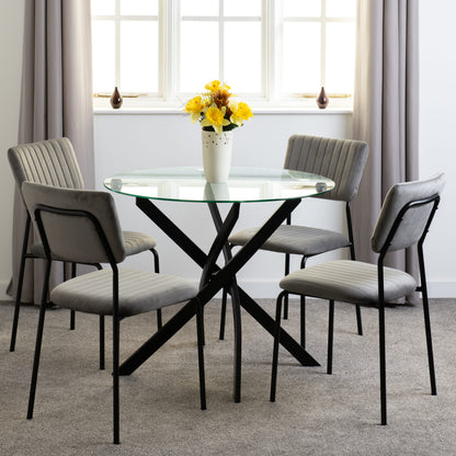 Sheldon Round Glass Top Dining Set (X4 Chairs) - Clear Glass/Grey Velvet Fabric