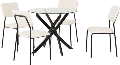 Sheldon Round Glass Top Dining Set (X4 Chairs) - Clear Glass/Ivory Boucle Fabric