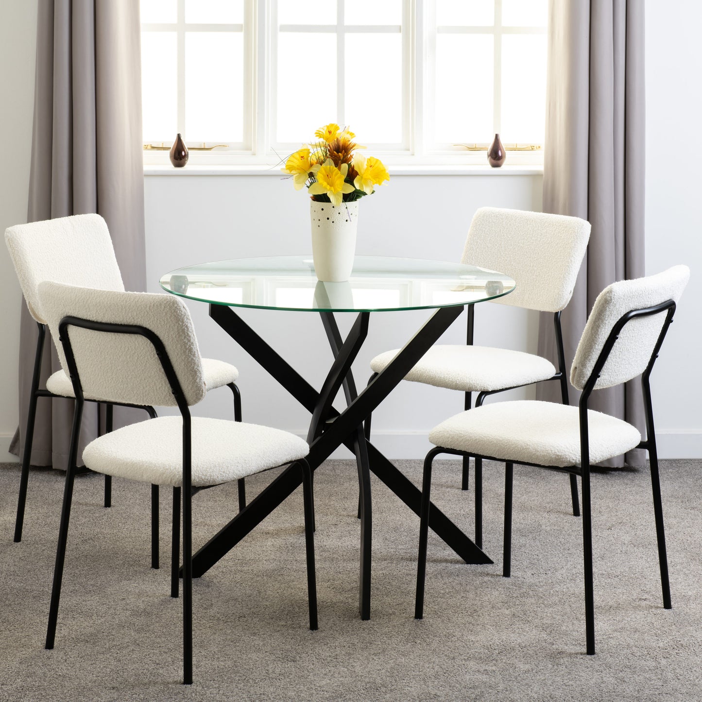 Sheldon Round Glass Top Dining Set (X4 Chairs) - Clear Glass/Ivory Boucle Fabric