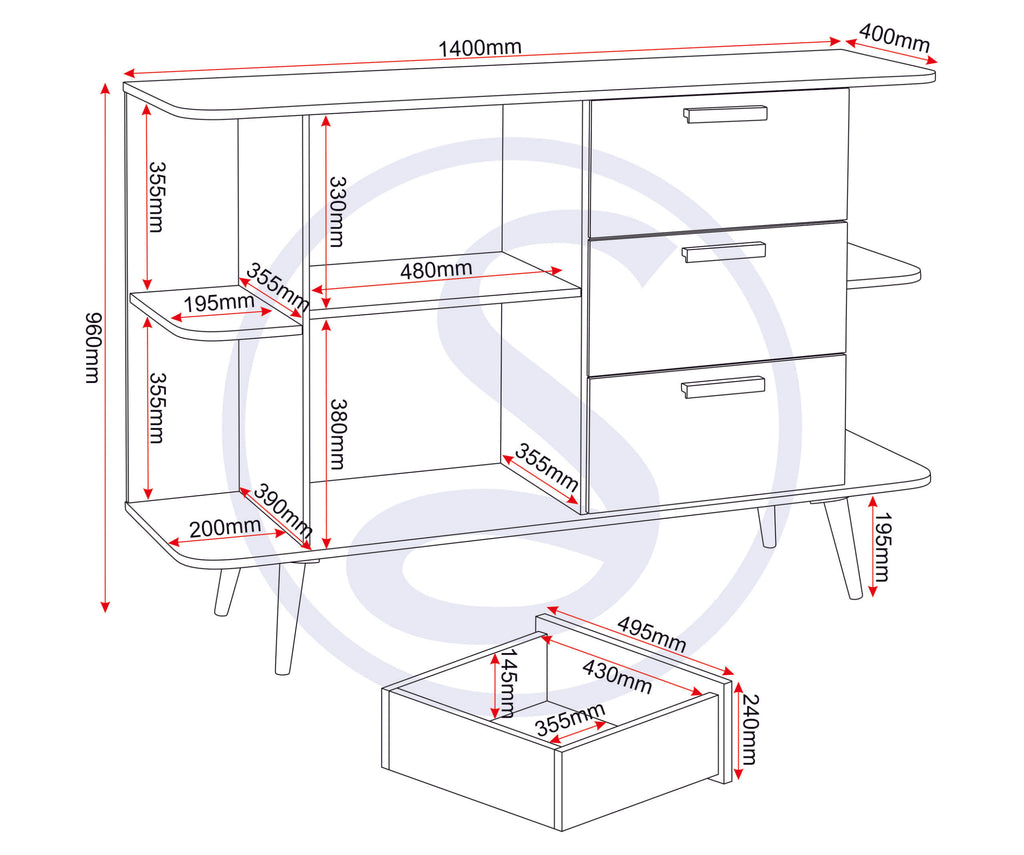 Saxton 1 Door 3 Drawer Sideboard - Mid Oak Effect/Grey