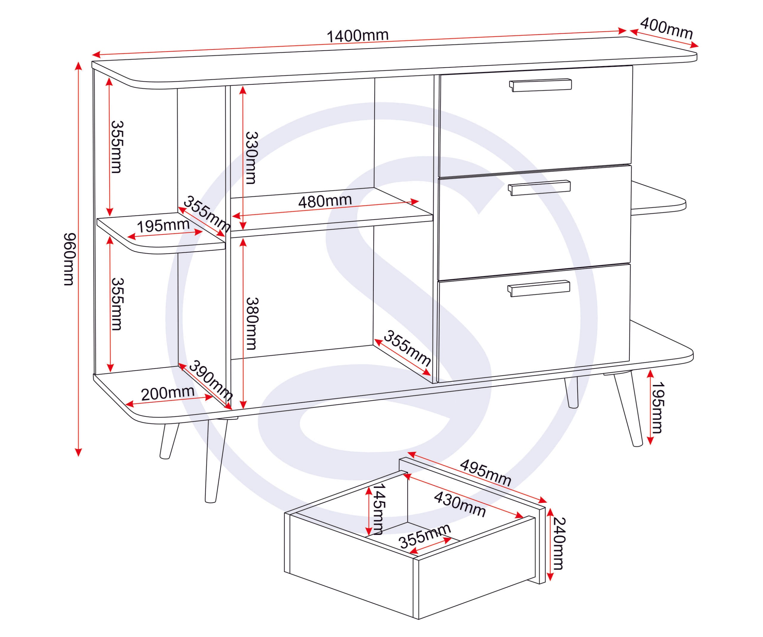 Saxton 1 Door 3 Drawer Sideboard - Mid Oak Effect/Grey