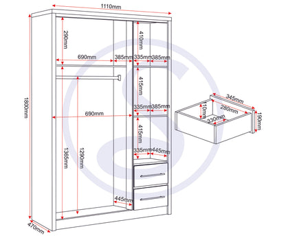 Seville 3 Door 2 Drawer Wardrobe - White Gloss/Light Oak Effect Veneer