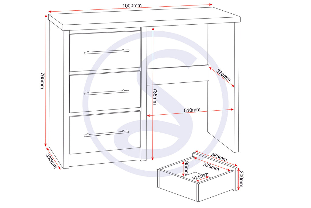 Seville Dressing Table Set - White Gloss/Light Oak Effect Veneer