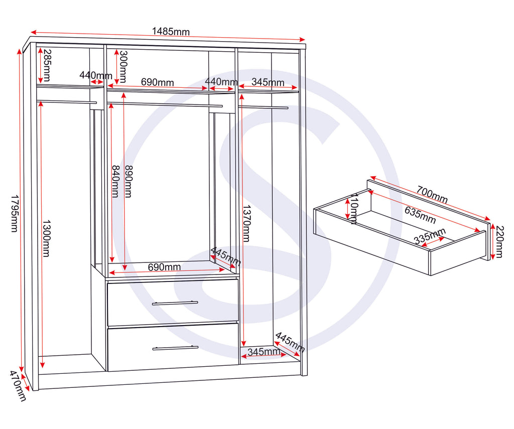 Seville 4 Door 2 Drawer Wardrobe - Grey Gloss/Light Oak Effect Veneer