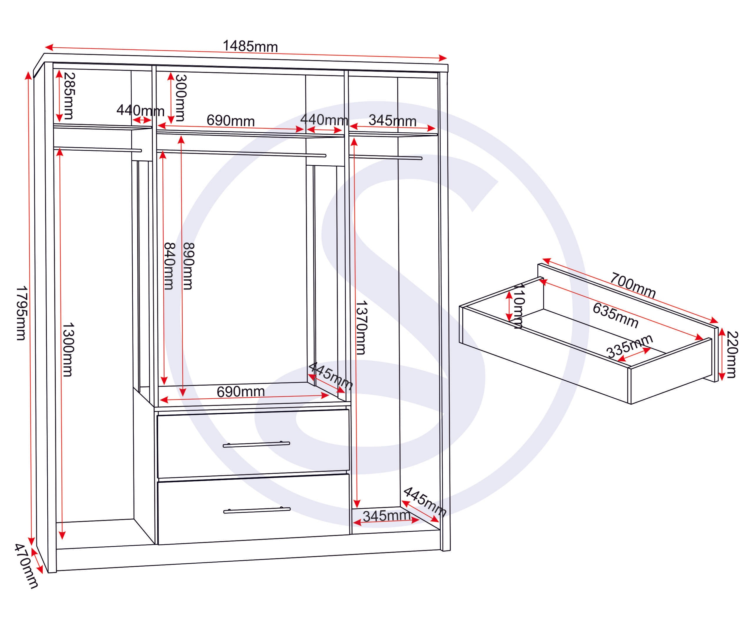Seville 4 Door 2 Drawer Wardrobe - Grey Gloss/Light Oak Effect Veneer