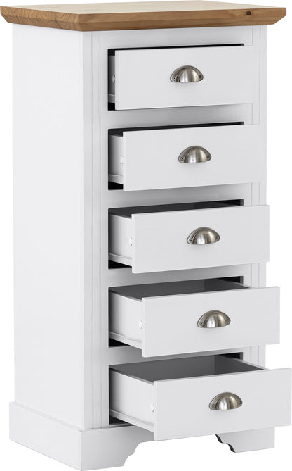 Toledo 5 Drawer Narrow Chest - White/Oak Effect