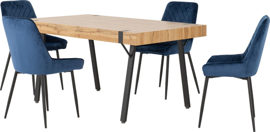 Treviso & Avery Dining Set (X4 Chairs) - Light Oak Effect/Sapphire Blue Velvet
