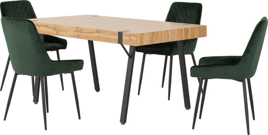 Treviso & Avery Dining Set (X4 Chairs) - Light Oak Effect/Emerald Green Velvet