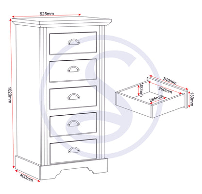 Toledo 5 Drawer Narrow Chest - Grey/Oak Effect