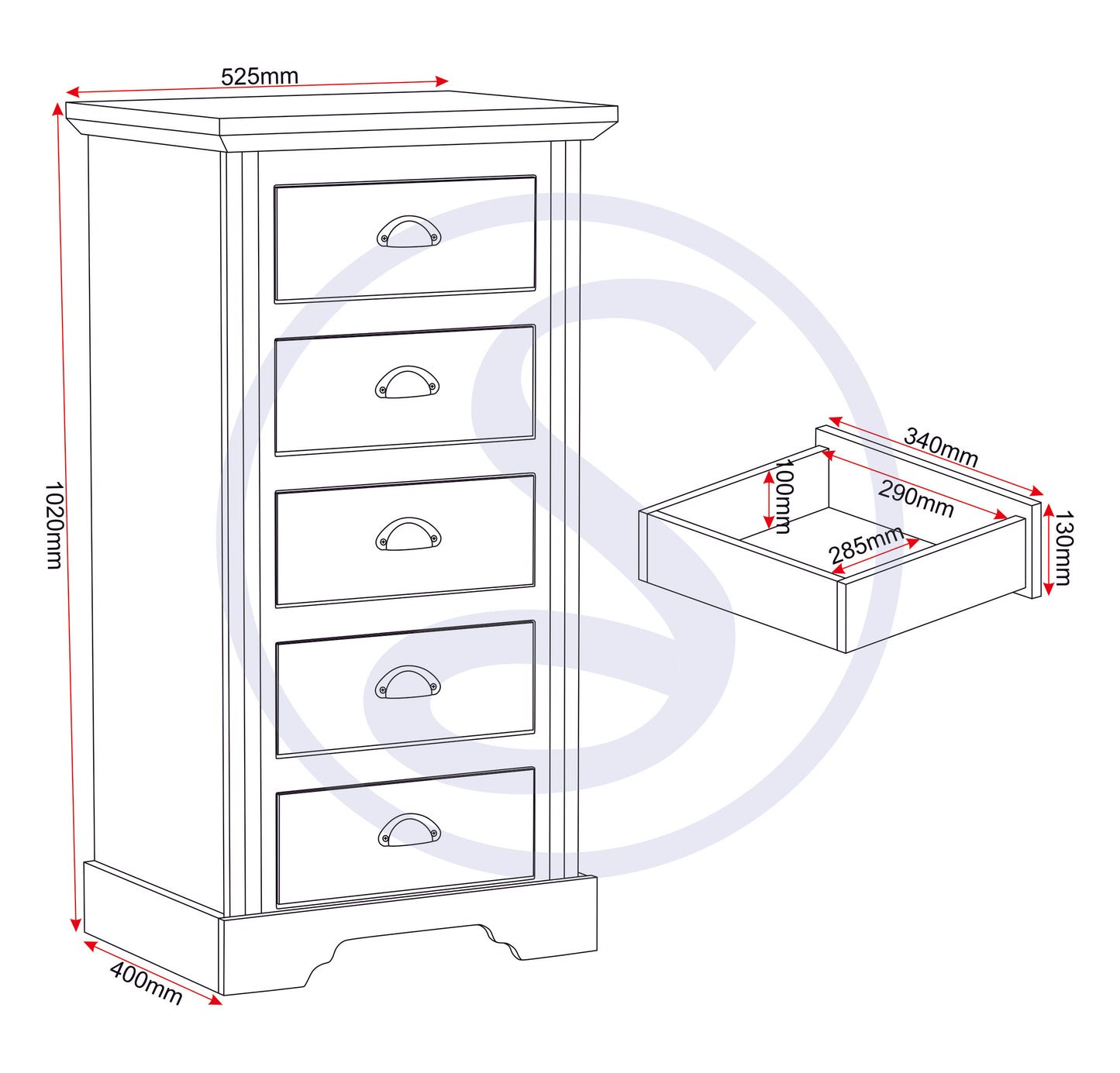 Toledo 5 Drawer Narrow Chest - White/Oak Effect