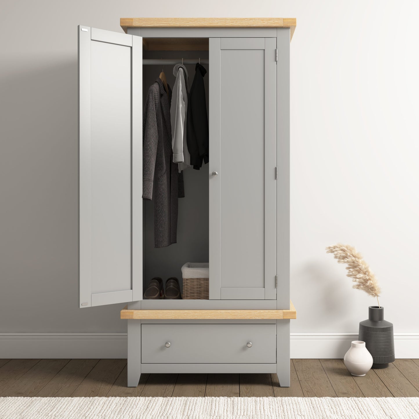 Windsor 2 Door 1 Drawer Wardrobe - Pebble Grey/Oak